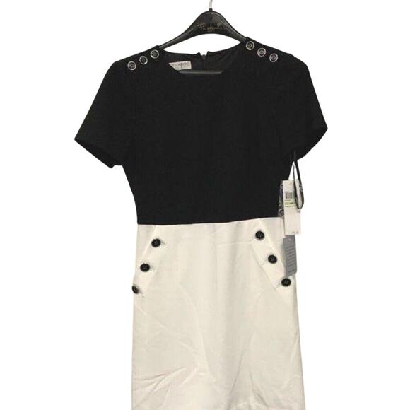 New Maggy London Dress Women's Size 4P Black White Mystic Crepe Button - Picture 1 of 8